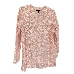 Lands End Womens M Orange Leaf Print V Neck Tunic Shirt Popover Top Travel